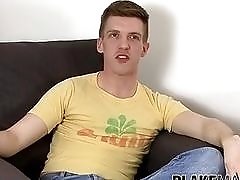 Skinny dude takes his trimmed cock and masturbates solo