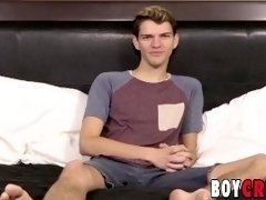 Skinny twink Max Rose jerks off solo during an interview
