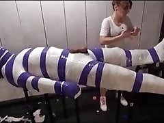 Enduring mummification only his cock is left for teasing BDSM
