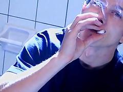 Cigar smoker jerks off in the bathroom and cums solo