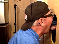 Glory hole gay daddy face jizzed after blowjob