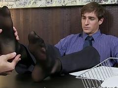 Pervert employee worships boss feet after work in his office